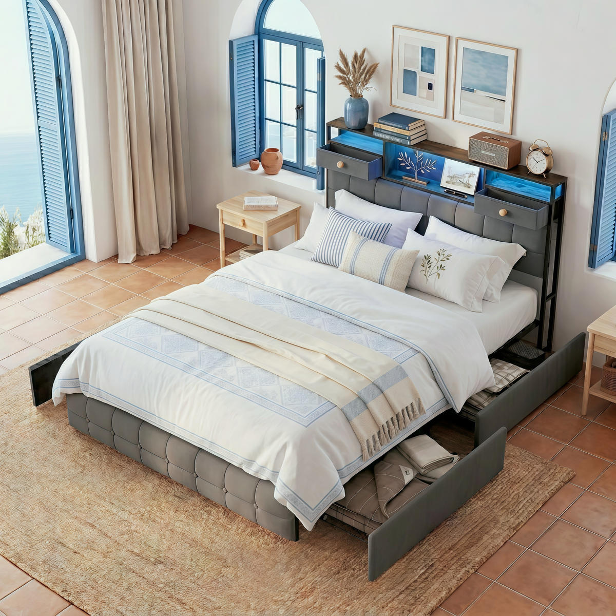 POLSTERBETT 140x200 cm mit 4 Schubladen, Polsterbettgestell aus Samt, Kopfteil mit RGB-LED-Beleuchtung, 2 Schubladen und USB/Typ-C-Anschlüsse - Grey - Grau, Holzwerkstoff (140/200cm) - Brevoria