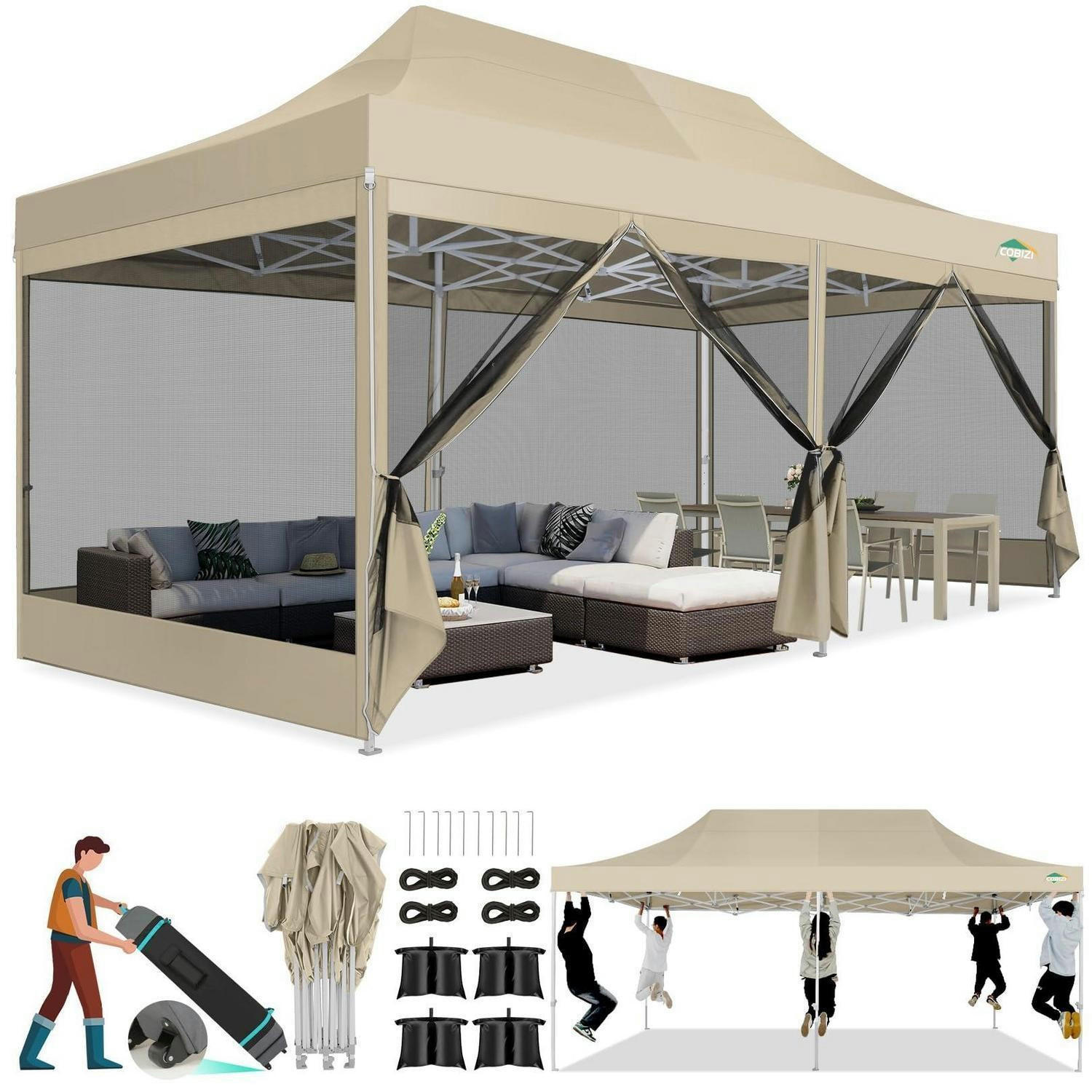 FALTPAVILLON 3 x 6 m mit Moskitonetz Khaki - Beige, Textil (300/275/600cm)