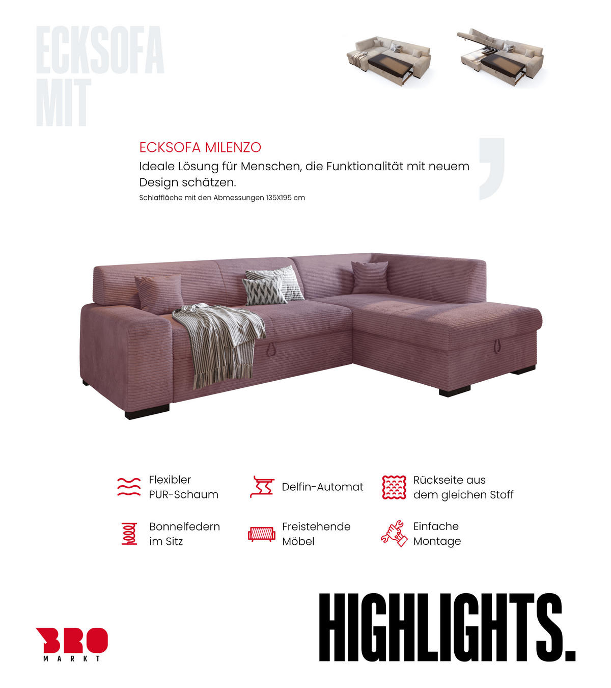 ECKSOFA mit Schlaffunktion Cordstoff MILENZO Puderrosa Rechts - Rosa, Holz (260/175cm) - Bromarkt