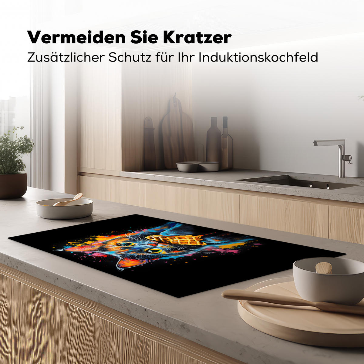 HERDABDECKPLATTE Katze - Graffiti - Bunt - Waffel - Essen Ceranfeldabdeckung 90x52 cm - Multicolor, Kunststoff (90/52/0.2cm) - MuchoWow