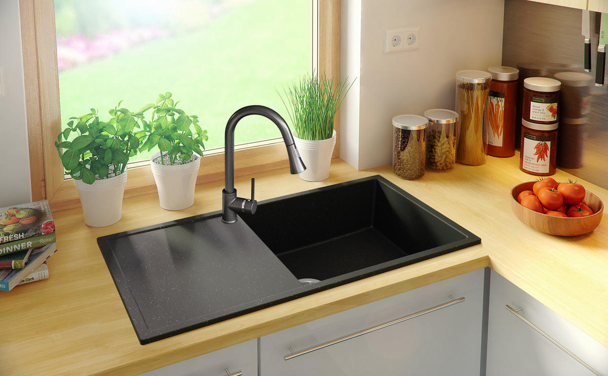 SPÜLBECKEN Ibiza, 2-er set Schwarz Metallic 90/50 cm 1 Becken + Ablauf-Set ab 60er Unterschrank - Chromfarben/Schwarz Hochglanz, Kunststoff (90/19/50cm) - Primagran