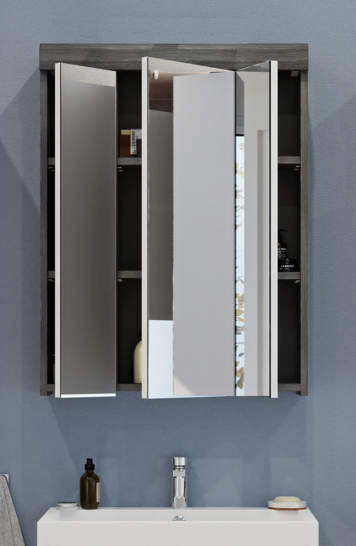 SPIEGELSCHRANK grau 60 x 79 cm, Badschrank 3-türig mit Spiegeltüren - Grau, Glas/Holzwerkstoff (60/79/18cm) - Inn.Furn