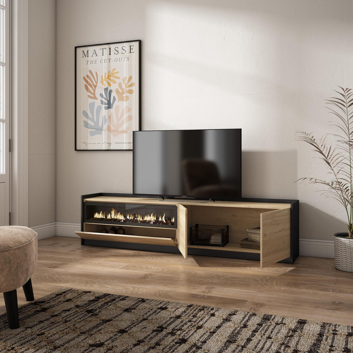 TV-SCHRANK, Lowboard, Eiche Schwarz, Elektrokamin, 207/37/50cm - Eichefarben, Holzwerkstoff (207/50/37cm) - Skraut Home