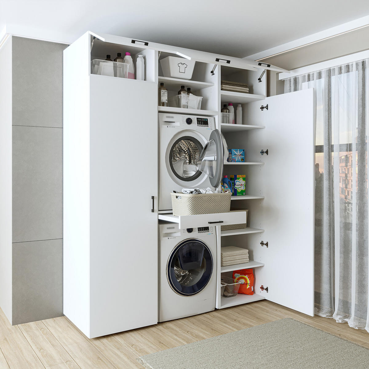 WASCHMASCHINENSCHRANK DUO-I 187cm Breit, 240cm Hoch - Weiß, Holzwerkstoff (187/240/67cm)