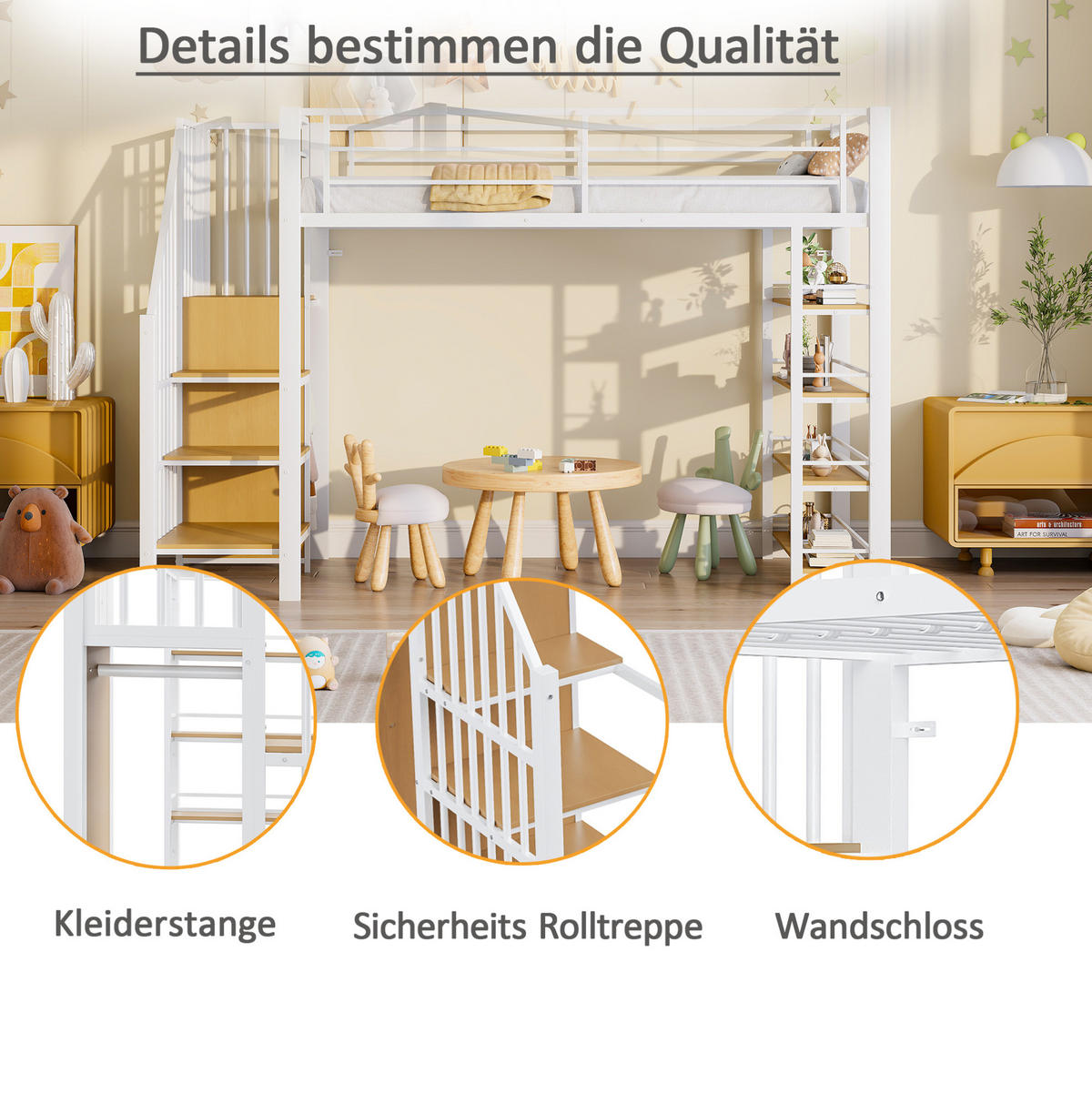 HOCHBETT 90/200 cm aus Metall und MDF mit Treppe, Kleiderschrank und Regalfächern Weiß - Weiß, Metall (90/200cm) - Modenvie