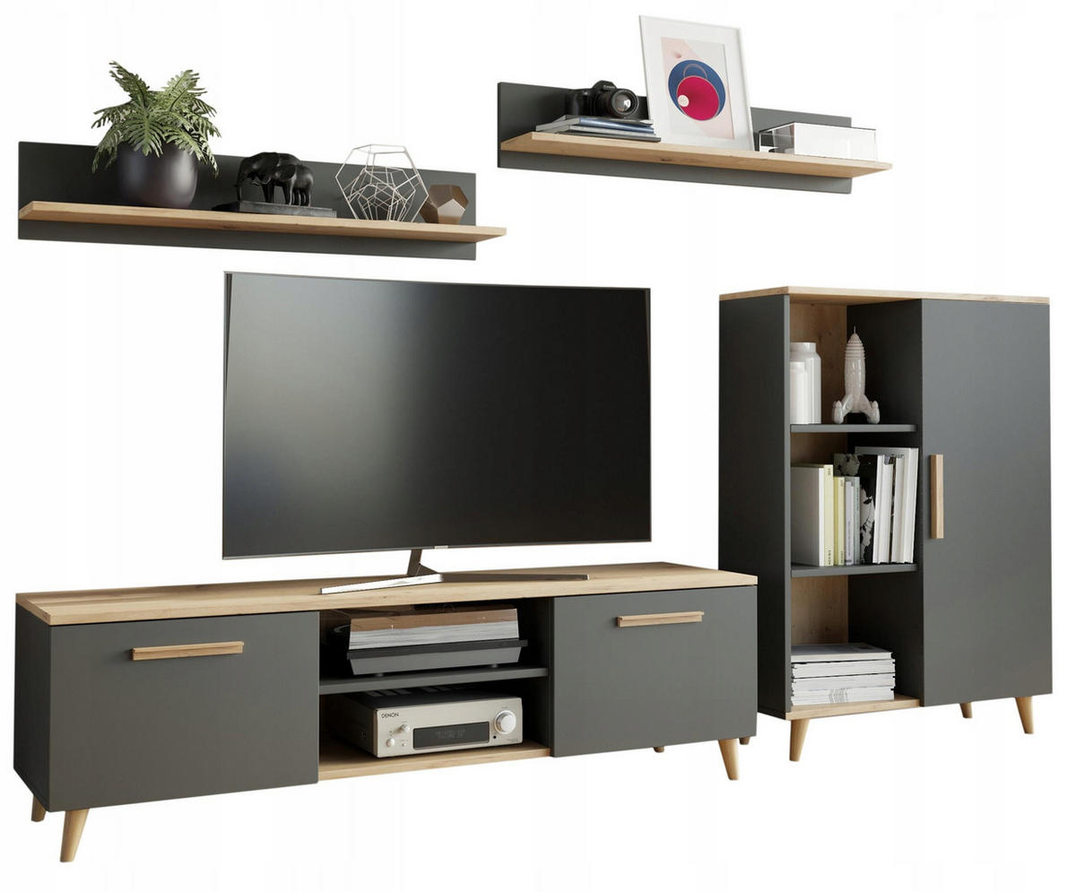 WOHNWAND Oslo 4-teilig Anthrazit-Artisan Eiche - Hellbraun/Anthrazit, Holzwerkstoff (150/47/40cm) - Matkam Möbel