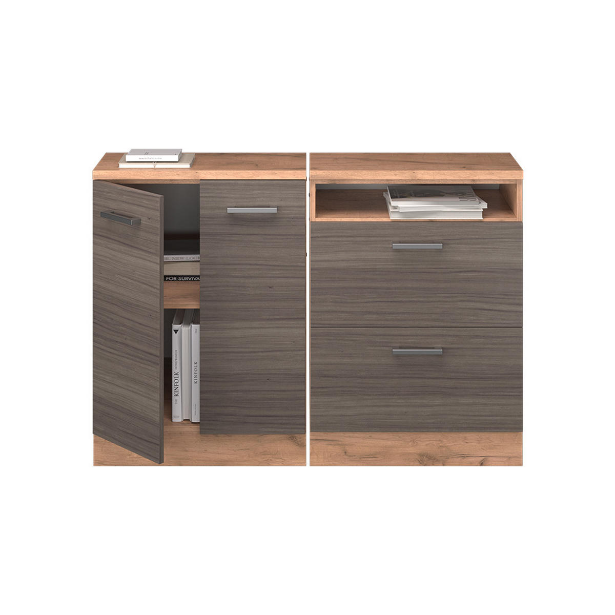 KUHINJSKI ORMAR ZA KOSINE KROVA R-Line Plemenita Siva 120 cm Set od 2 korpusa ormara, dubina 60 cm - hrast medunac/siva, drvni materijal (120/83.8/60cm) - Vicco