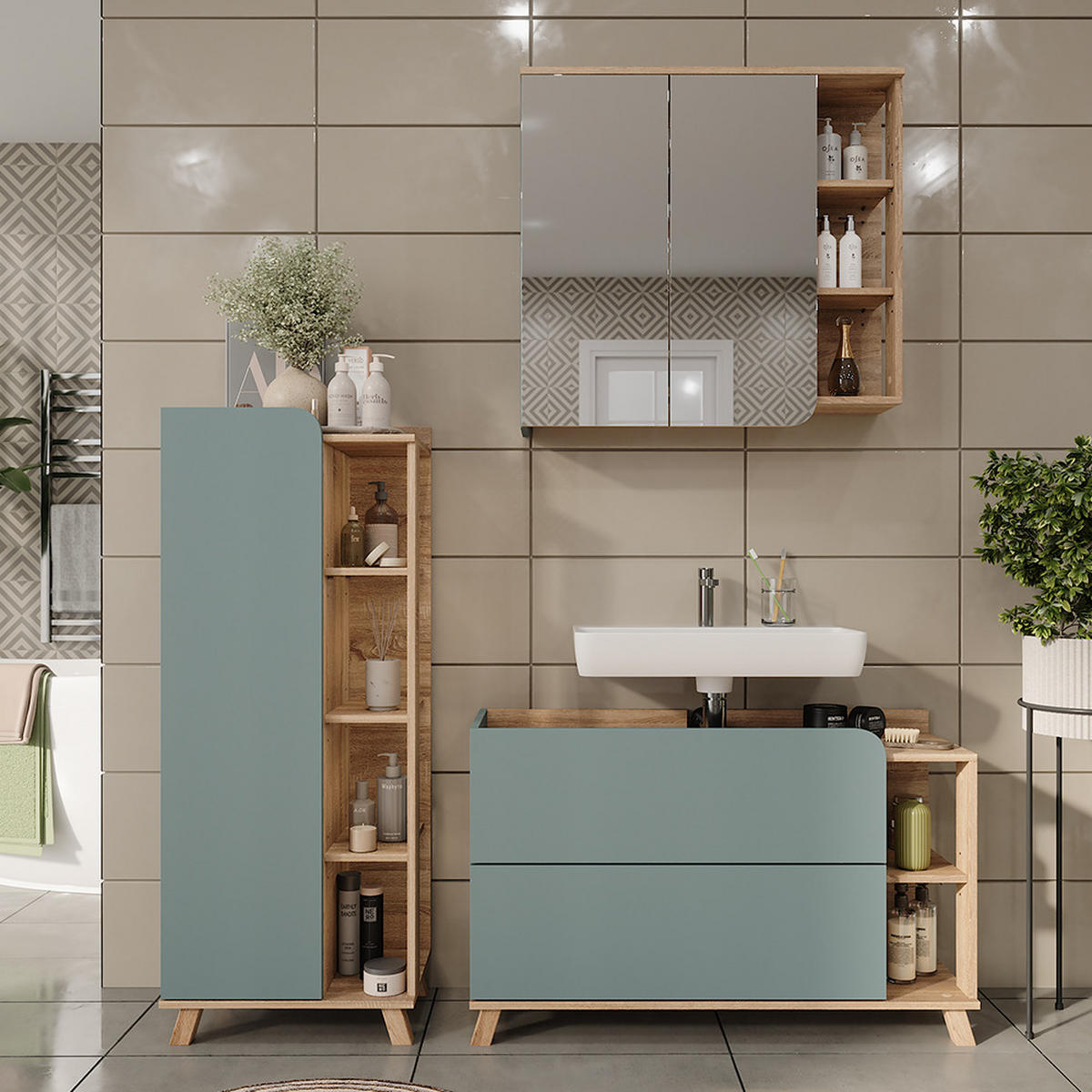 KOUPELNOVÝ NÁBYTEK Karen Sonoma/modrá - Sonoma dub/tmavě modrá, kompozitní dřevo (100/65/35cm) - Vicco