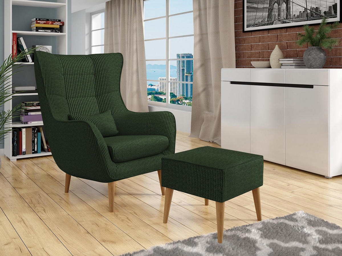 SESSEL Estjano Cord mit Fußbank - Dunkelgrün/Beige, Holz/Textil (80/106/95cm) - MIRJAN24