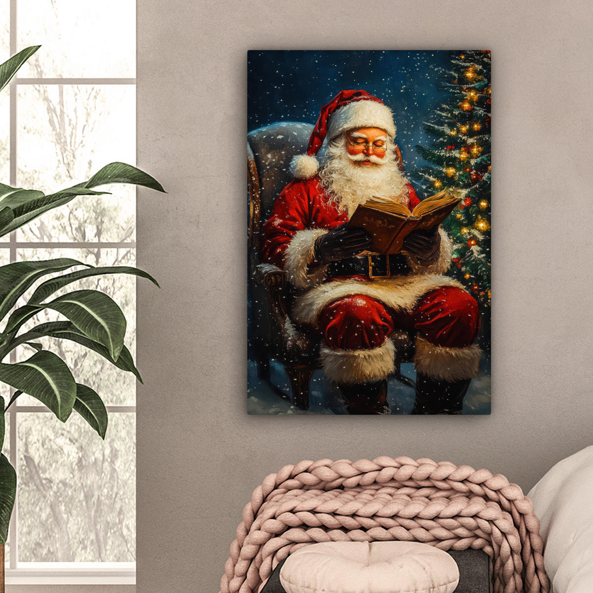 LEINWANDBILD Weihnachtsmann - Weihnachten - Winter - Weihnachtsbaum Wanddeko 40x60 cm - Bordeaux, Textil (40/60cm) - MuchoWow