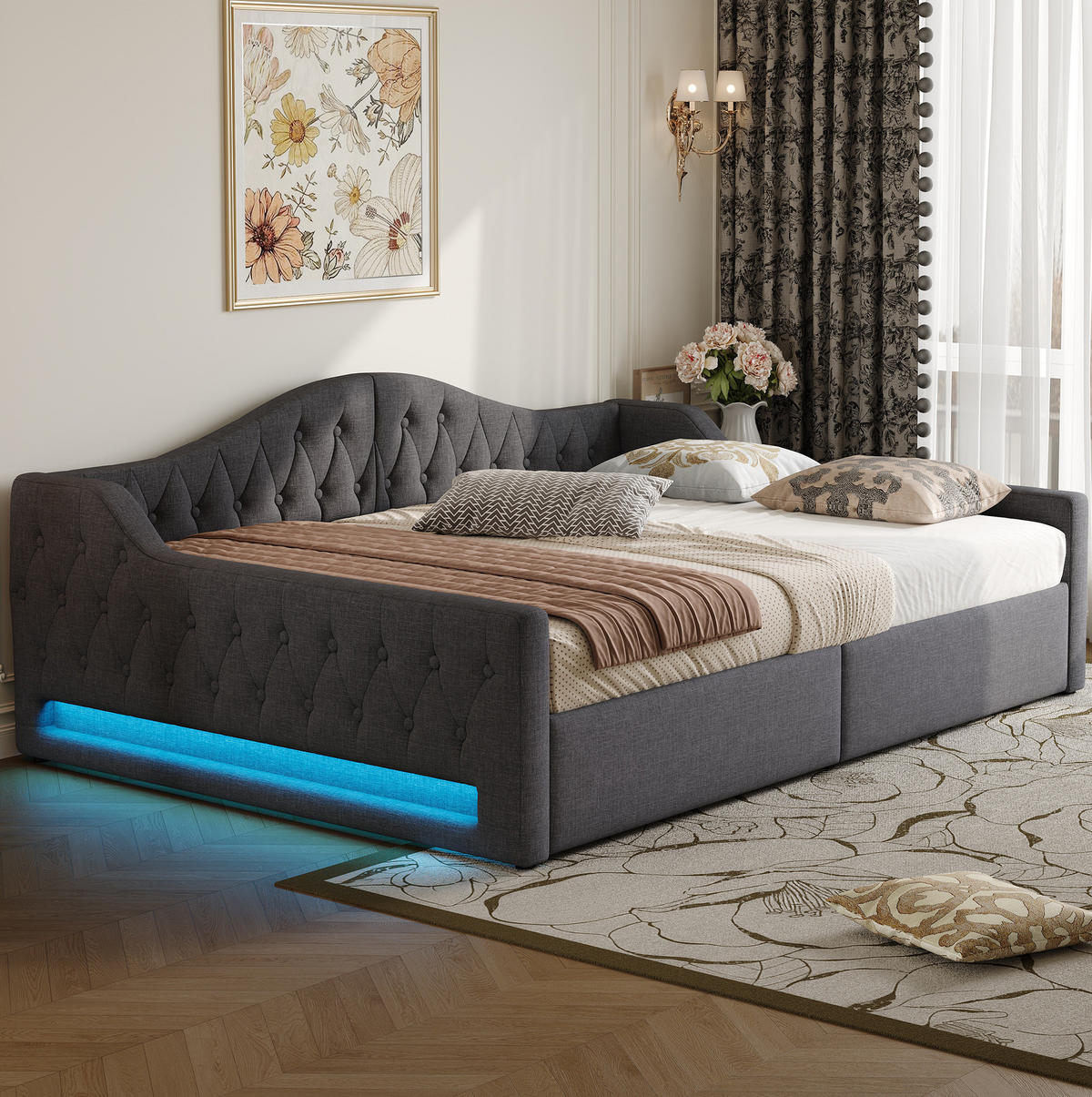 POLSTERBETT 140/200 cm aus MDF und Sperrholz mit LED-Beleuchtung und Stauraum Grau - Grau, Holzwerkstoff (140/200cm) - Modenvie
