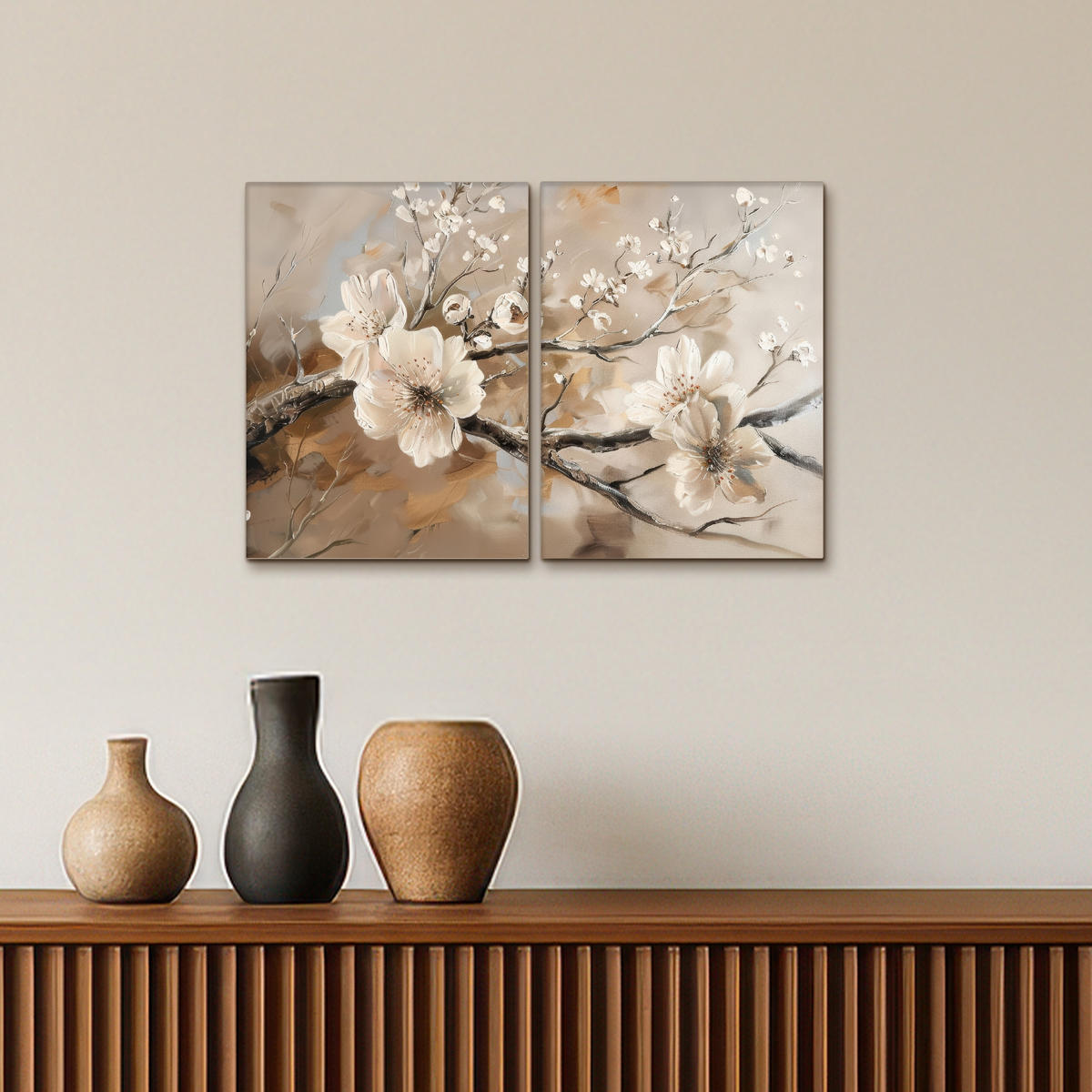 LEINWANDBILD 2er Set Blüte - Beige - Abstrakt - Blumen 60x40 cm - Hellbraun, Textil (60/40cm) - MuchoWow