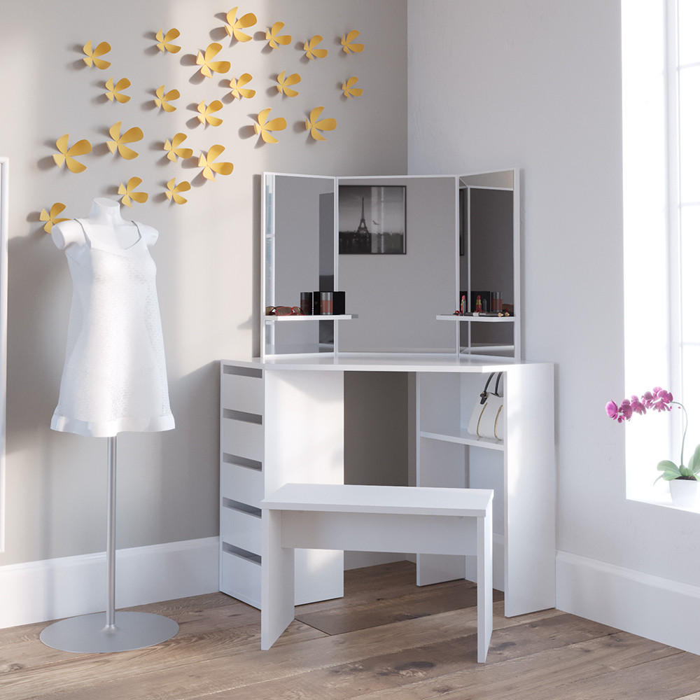 ECKSCHMINKTISCH Arielle Weiß 110 cm mit Bank - Weiß, Holzwerkstoff (110/141.5/54cm) - Vicco