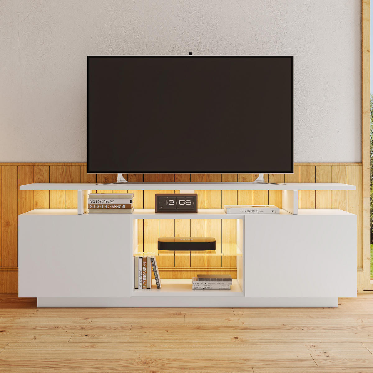 TV-SCHRANK 140/35/55 cm in Weiß aus Spanplatte mit LED-Beleuchtung und Glasfächern - Naturfarben/Weiß, Glas/Holzwerkstoff (140/55/35cm) - CHICFURN