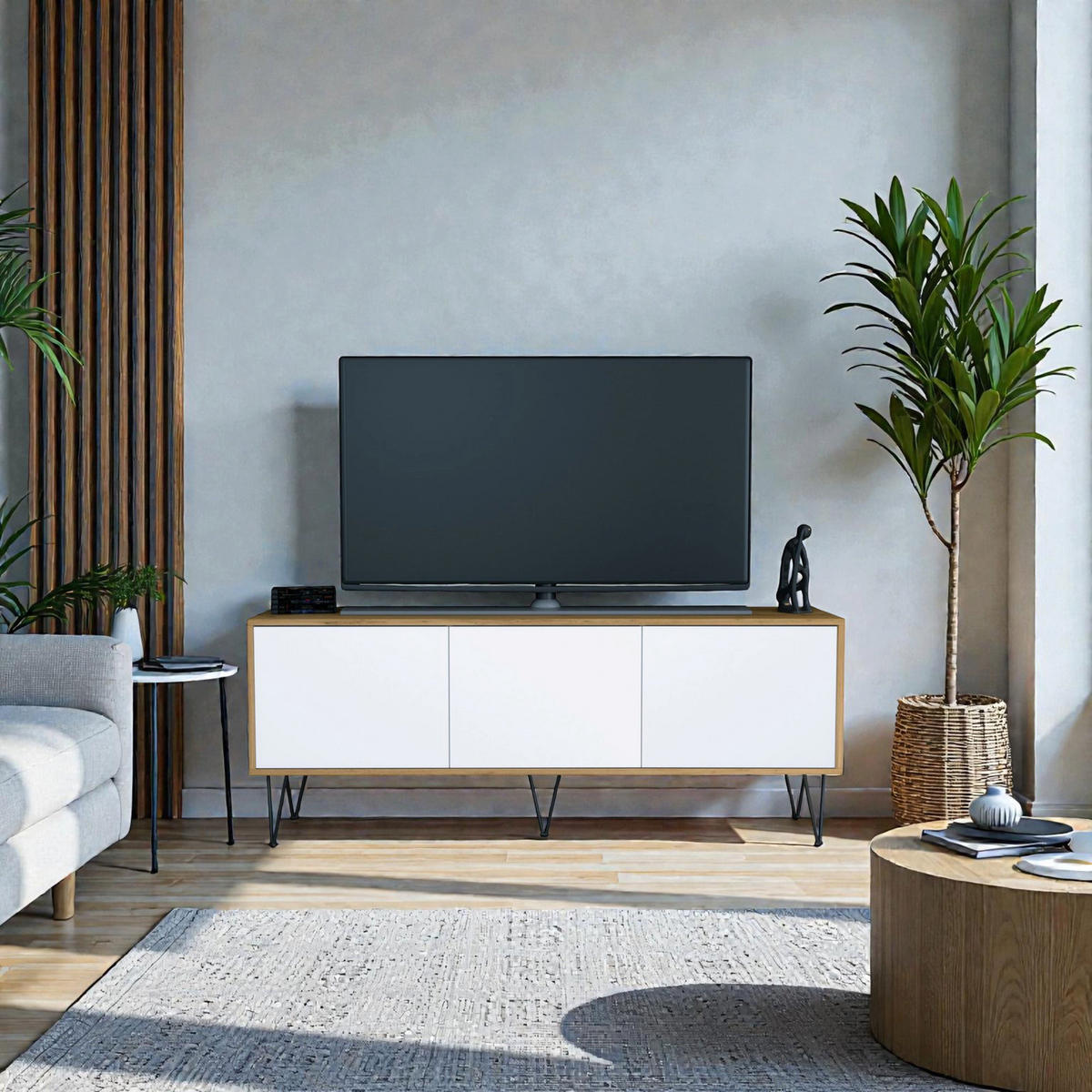 TV-BOARD Elisa, Lowboard mit Push-to-Open, Made in Germany, Moderner Fernsehschrank, Eiche Evoke/Weiß matt (152,5 x 60,5 x 37 cm) - Weiß, Holzwerkstoff (152.5/60.5/37cm) - InnoFurn