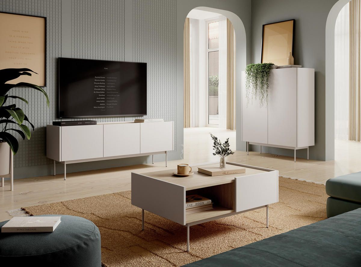 KOMMODE: Korpus und Front: Kaschmir, Linea-Eiche TOP 144 x 83 x 37 cm - Kaschmir, Holzwerkstoff (144/83/37cm) - 3XE LIVING