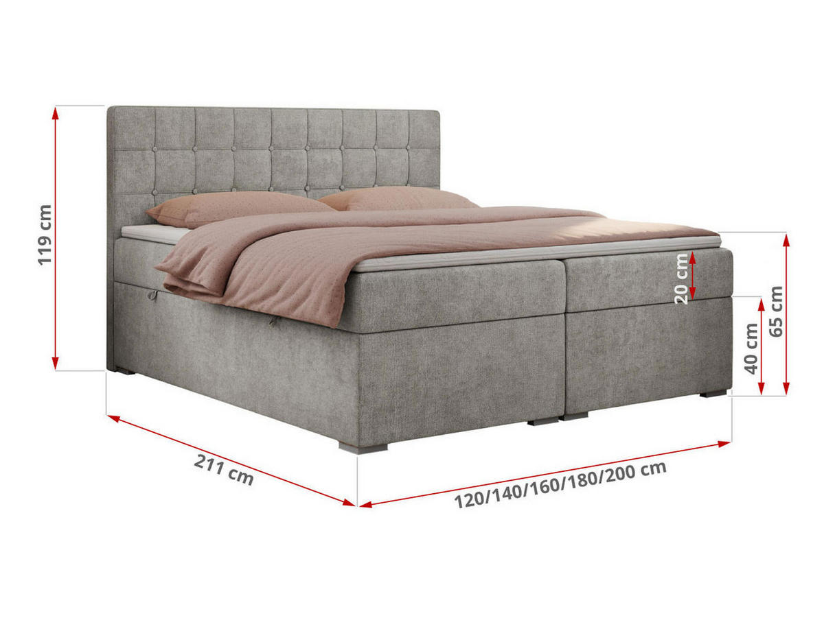 BOXBETT CARMEN 200/200 Hellgrau Struktur - H4 - Hellgrau, Holz/Textil (200/200cm) - MKS