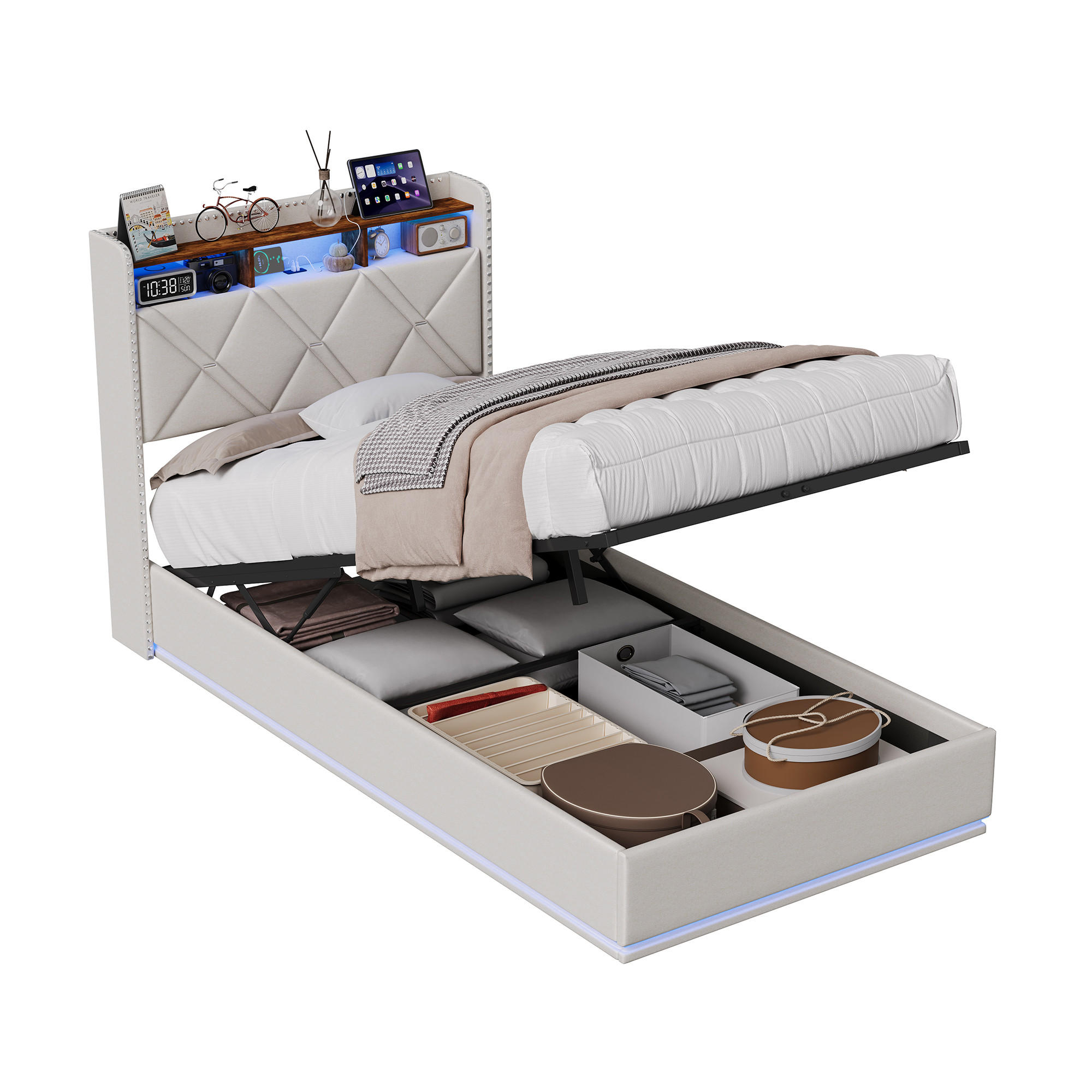 POLSTERBETT 90/200 cm Beige mit hydraulischem Stauraum, LED mit Ablage und USB - Beige, Metall (90/200cm) - EuroLiving