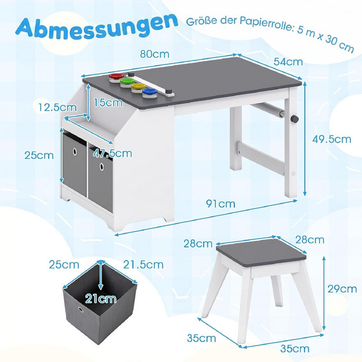 KINDERTISCH-SET mit Stauraum grau(2-tlg) - Grau, Holzwerkstoff (91/49.5/54cm) - COSTWAY