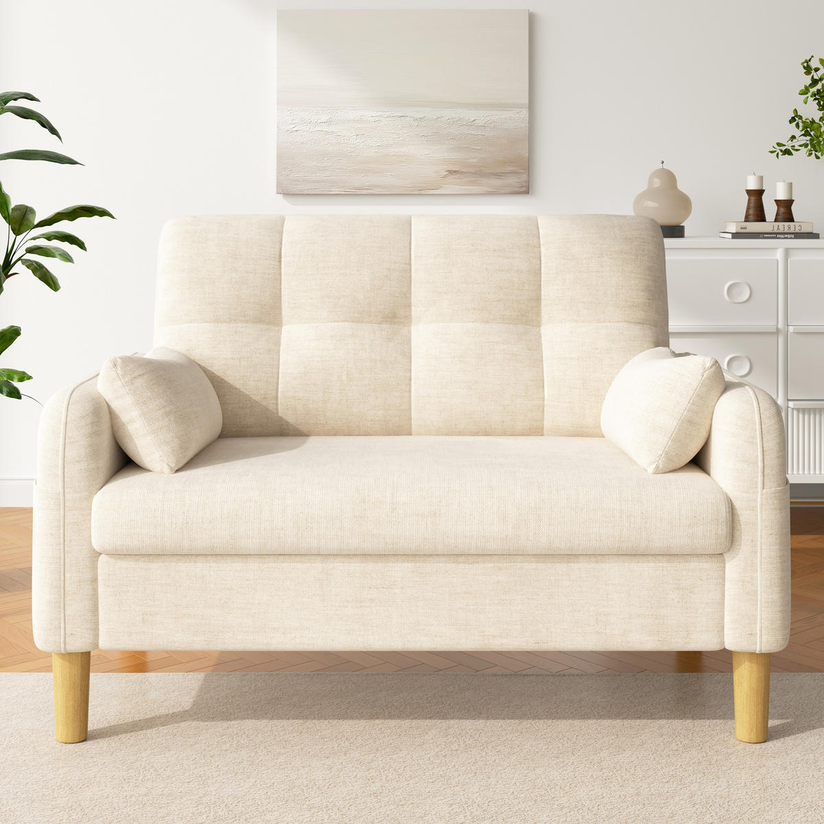 SOFA 2-Sitzer, Beige, Chenille, 2 Kissen, Seitentasche - Beige, Textil (78/85/119cm)