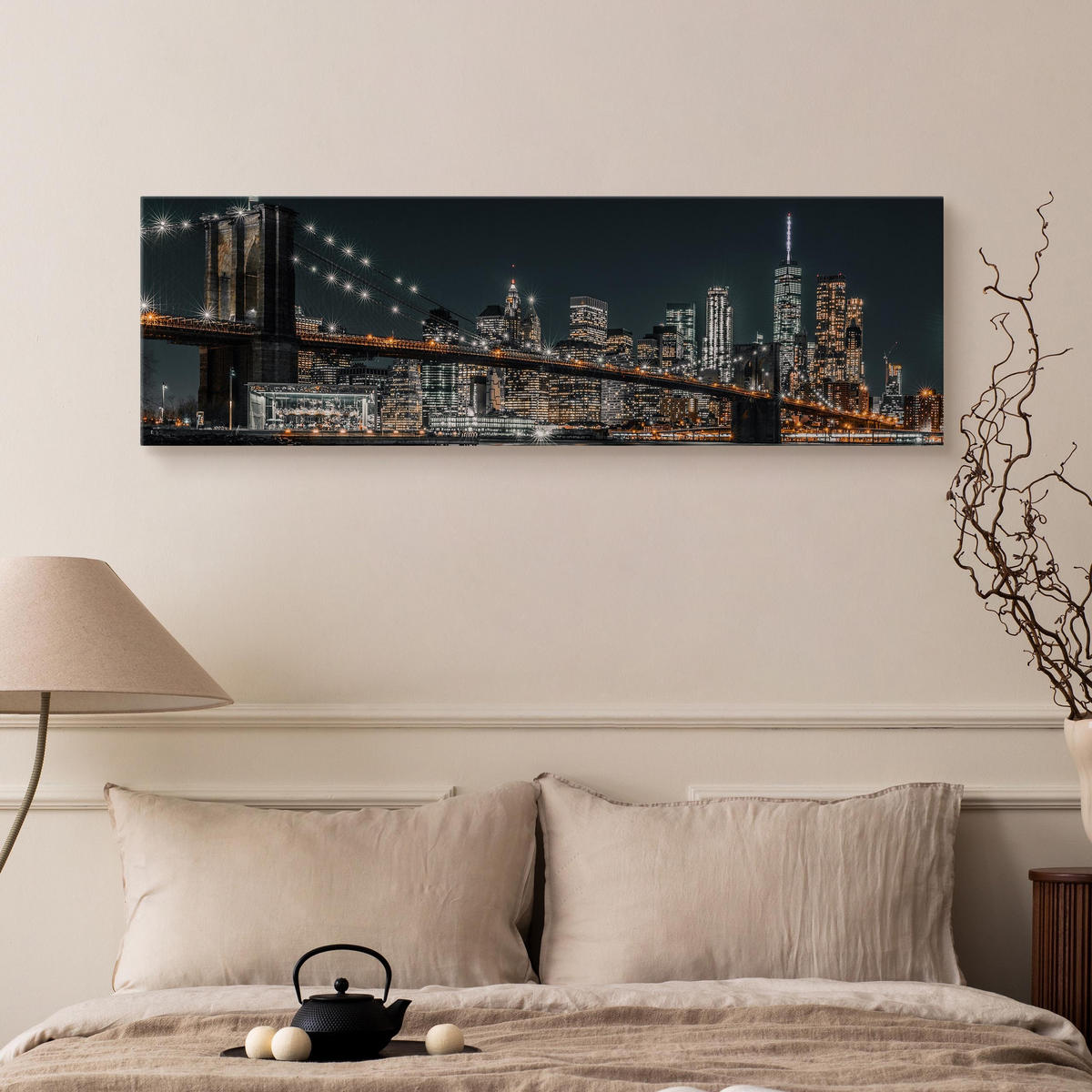 PANORAMABILD New York bei Nacht Architektur 3D 145x45cm - Blau/Beige, Textil (145/45cm) - Muralo