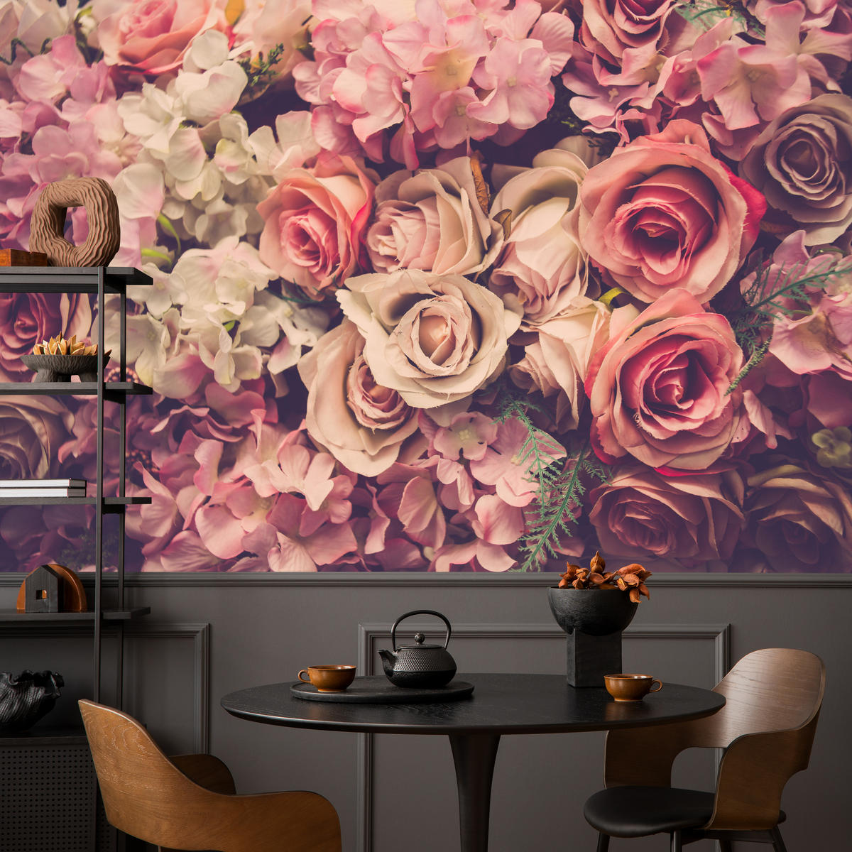 FOTOTAPETE für Schlafzimmer Pinke Rosen Boho Blumen 350x256 - Beige/Violett, Papier (350/256cm) - Muralo