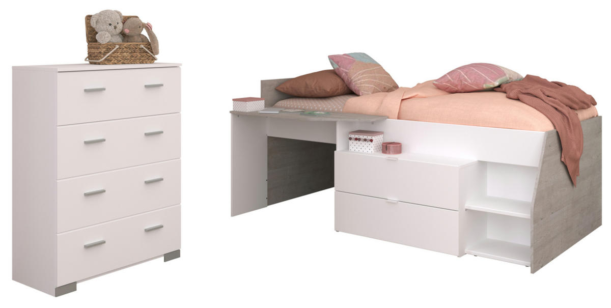 KINDERZIMMER weiß, grau, Set 2-teilig mit Stauraumbett, Kommode - Silberfarben/Weiß, Holzwerkstoff/Kunststoff (135/106/203cm) - Parisot Meuble