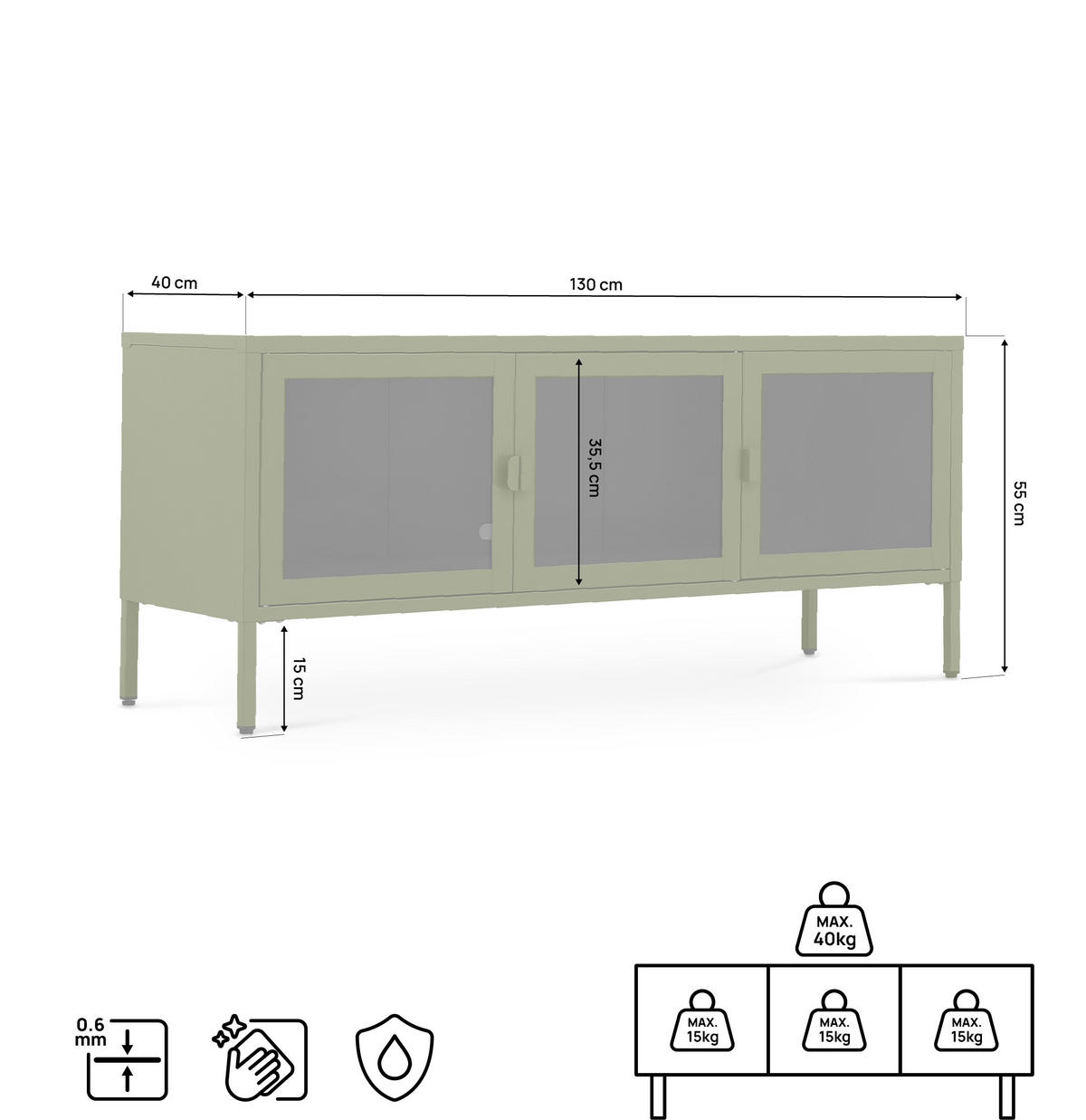 TV-STÄNDER Metall industriell EZRA, 130 cm, 3 Türen, Olivgrün und Sicherheitsglas - Olivgrün, Metall (130/55/40cm) - Sicaan