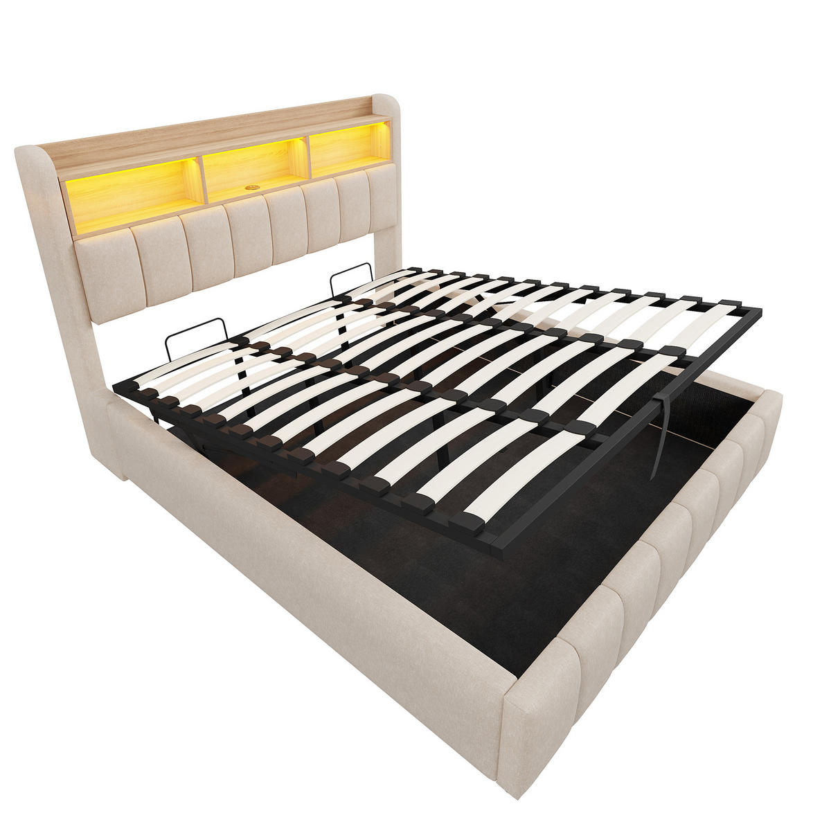 POLSTERBETT 180/200 cm Beige mit LED-Beleuchtung und USB-Anschlüssen aus Leinenstoff - Beige, Textil (180/200cm) - OKWISH