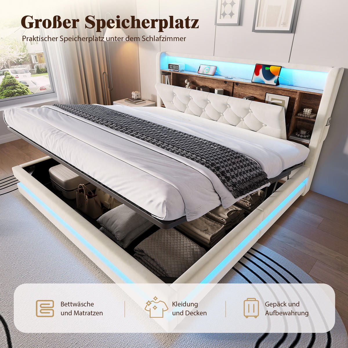 BOXBETT 160/200 mit LED/USB, Kopfteil-Regal & Hydraulik, Samt, Beige - Beige, Holz (160/200cm) - LVHOM