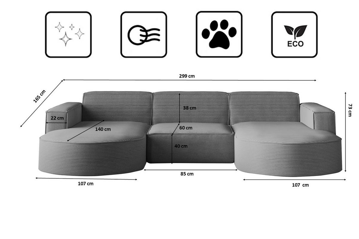 ECKSOFA Designer MODENA U STUDIO Stoff Dicker Cord Silber - Grau, Holz (165/299cm) - Kaiser Möbel
