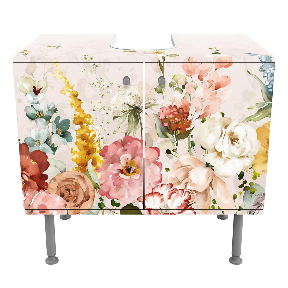 WASCHBECKENUNTERSCHRANK Rankende Blumen Aquarell Vintage 60/55/35 cm - Pastellblau, Holzwerkstoff (60/55/35cm) - Bilderwelten