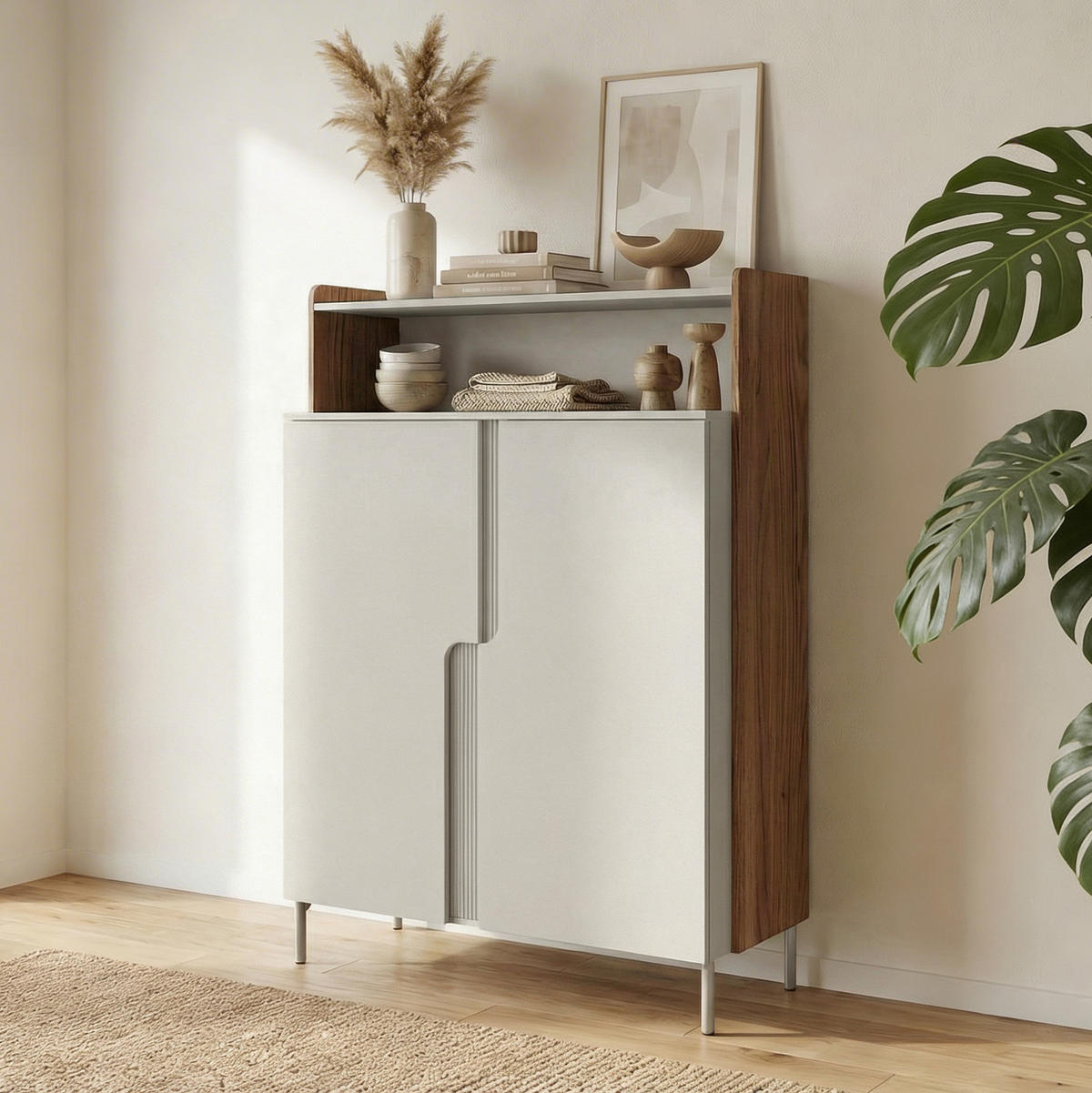 KOMMODE Positivo mit 2 Türen und offenem Regal, 103 cm, Alba-Nuss + Kaschmir - Nussbaumfarben, Holzwerkstoff (103/160/42cm) - Beautysofa