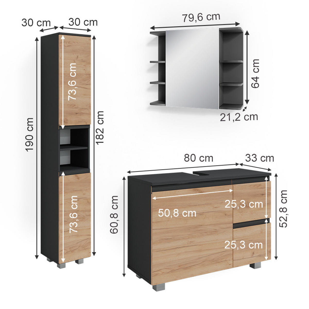 BADMÖBEL-SET J-Shape Grau 3 Teile, mit Hochschrank - Eichefarben/Grau, Holzwerkstoff (80/60/33cm) - Vicco