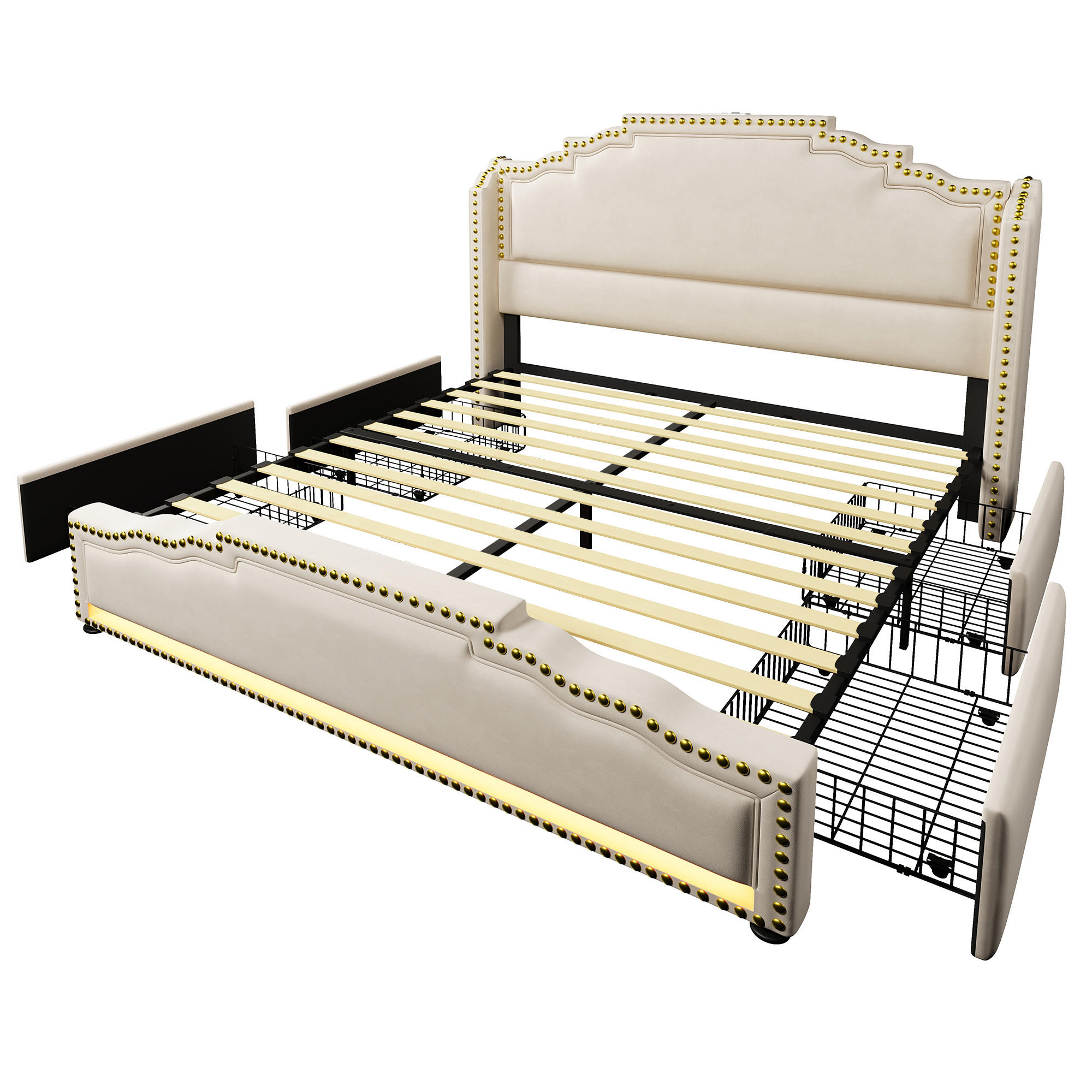 POLSTERBETT 160/200 cm mit Matratze, 4 Schubladen, LED, USB und Type-C, Samt, Beige - Beige, Textil (160/200cm) - Redom