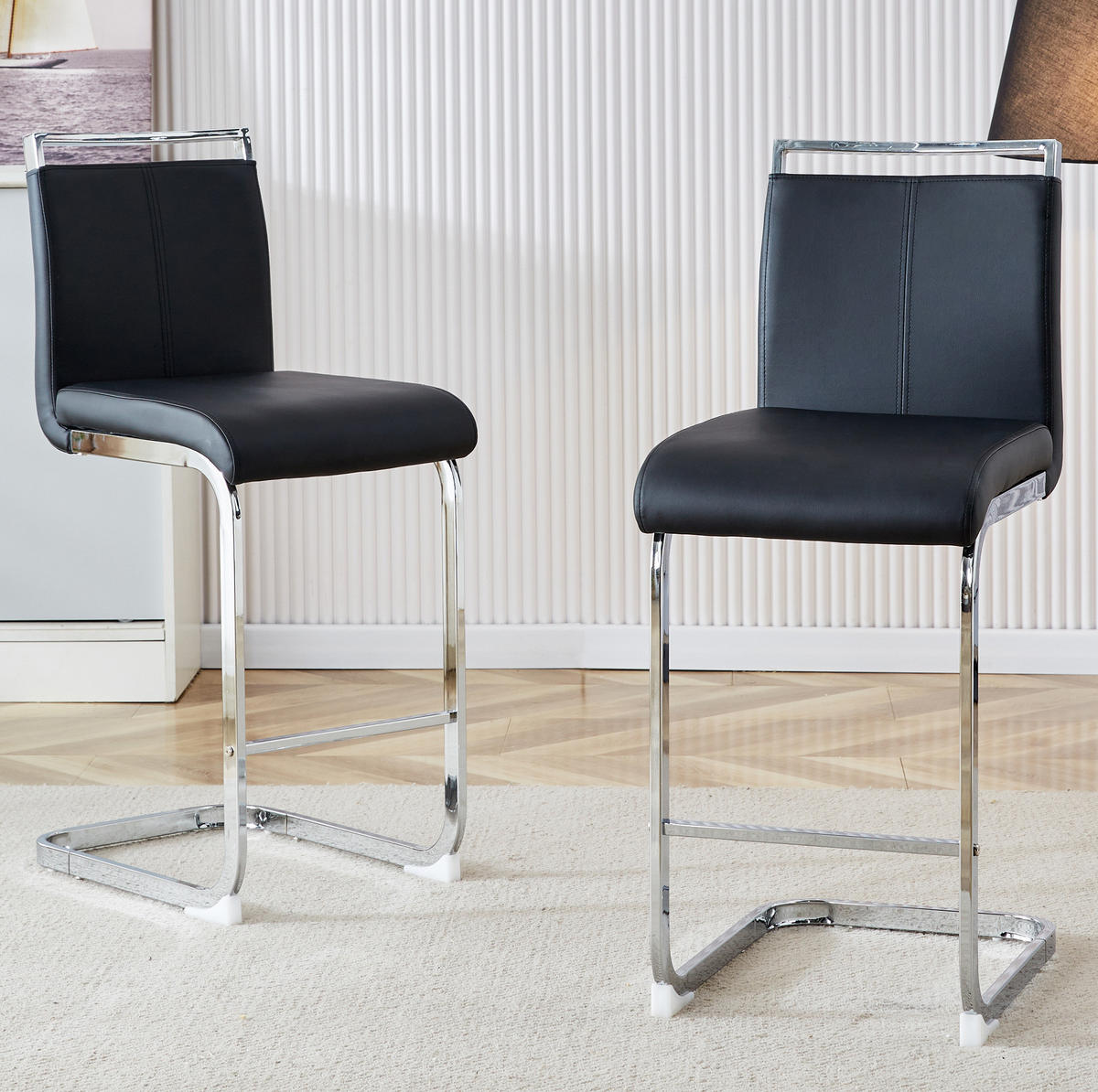 BARHOCKER 2er-Set mit Fußstütze 96,5 cm PU-Leder Schwarz/Silber - Schwarz, Metall (46.5/96.5/38.9cm) - Meubliv