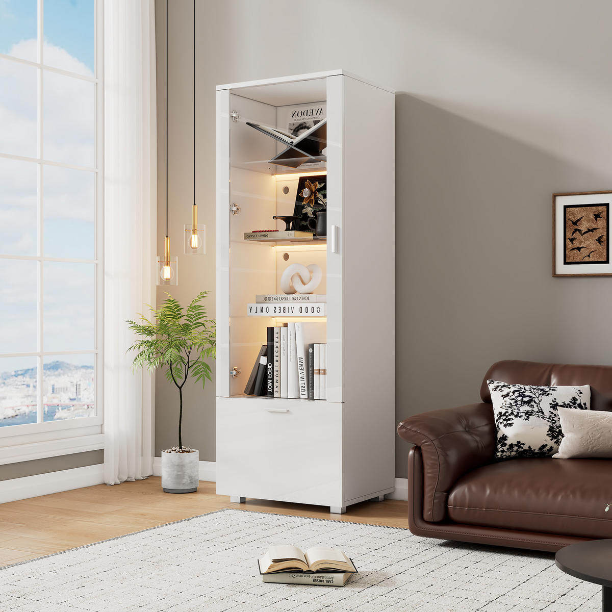 VITRINE LED Hochglanz Acryl 160cm 3 Böden Weiß - Weiß, Holzwerkstoff (50/160/40cm) - FLIEKS