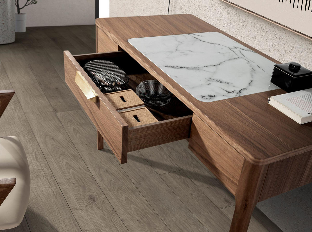 SCHMINKTISCH aus Nussbaumholz mit weißer und grau glänzender Glasplatte in Marmoroptik - Nussbaumfarben/Walnussfarben, Glas/Holz (55/120/76cm) - ANGEL CERDA