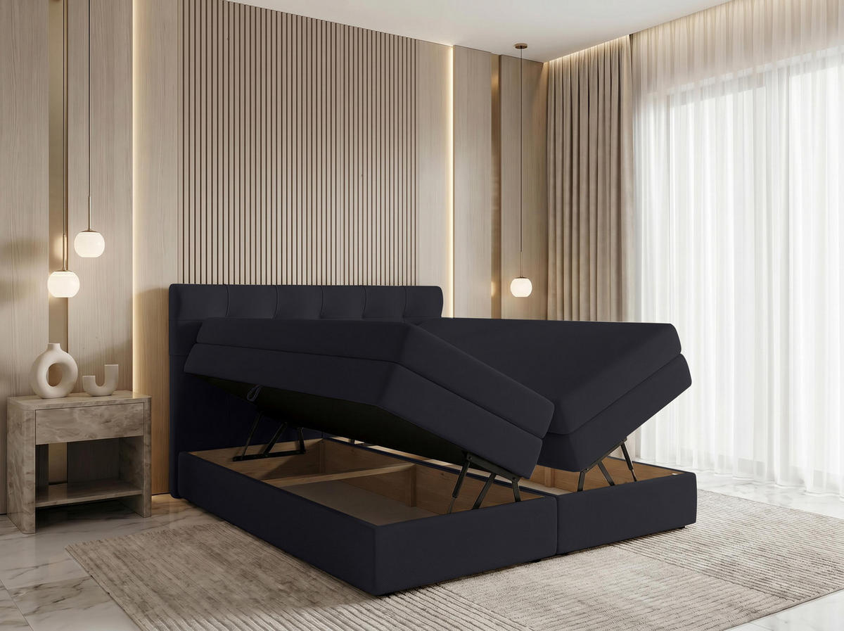 BOXSPRINGBETT FINIKE 160x200 cm mit Bettkasten und 2 Matratzen - Schwarz + TOPPER - Schwarz/Grau, Holz/Holzwerkstoff (160/200cm) - AX Living