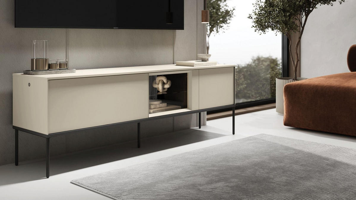 TV-LOWBOARD Bellezo mit beleuchteter Glasvitrine Creme 166/55/41 cm - Creme/Schwarz, Holzwerkstoff (166/55/41cm) - Selsey
