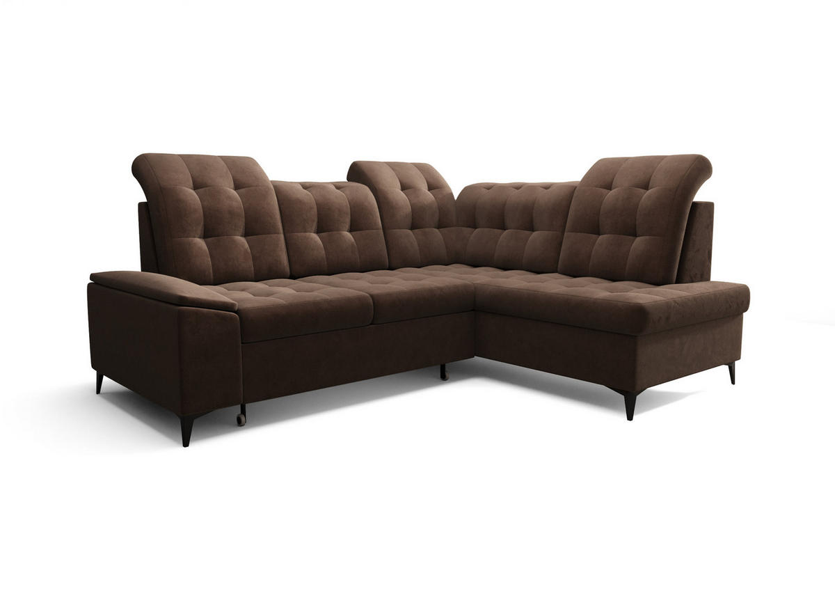 ECKSOFA KONGO RBN16, Eckcouch in L-Form mit Schlaffunktion, Farbe: Dunkelbraun, Velourstoff, Ottomane Rechts - Dunkelbraun, Textil (268/210cm) - O-Sofa