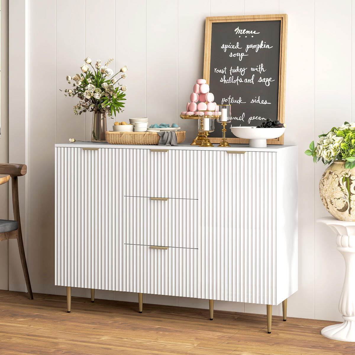 SIDEBOARD Weiß, 3 Schubladen, 2 Türen, 120/40/89,5 cm - Weiß, Holz (120/89.5/40cm) - PANGIVO