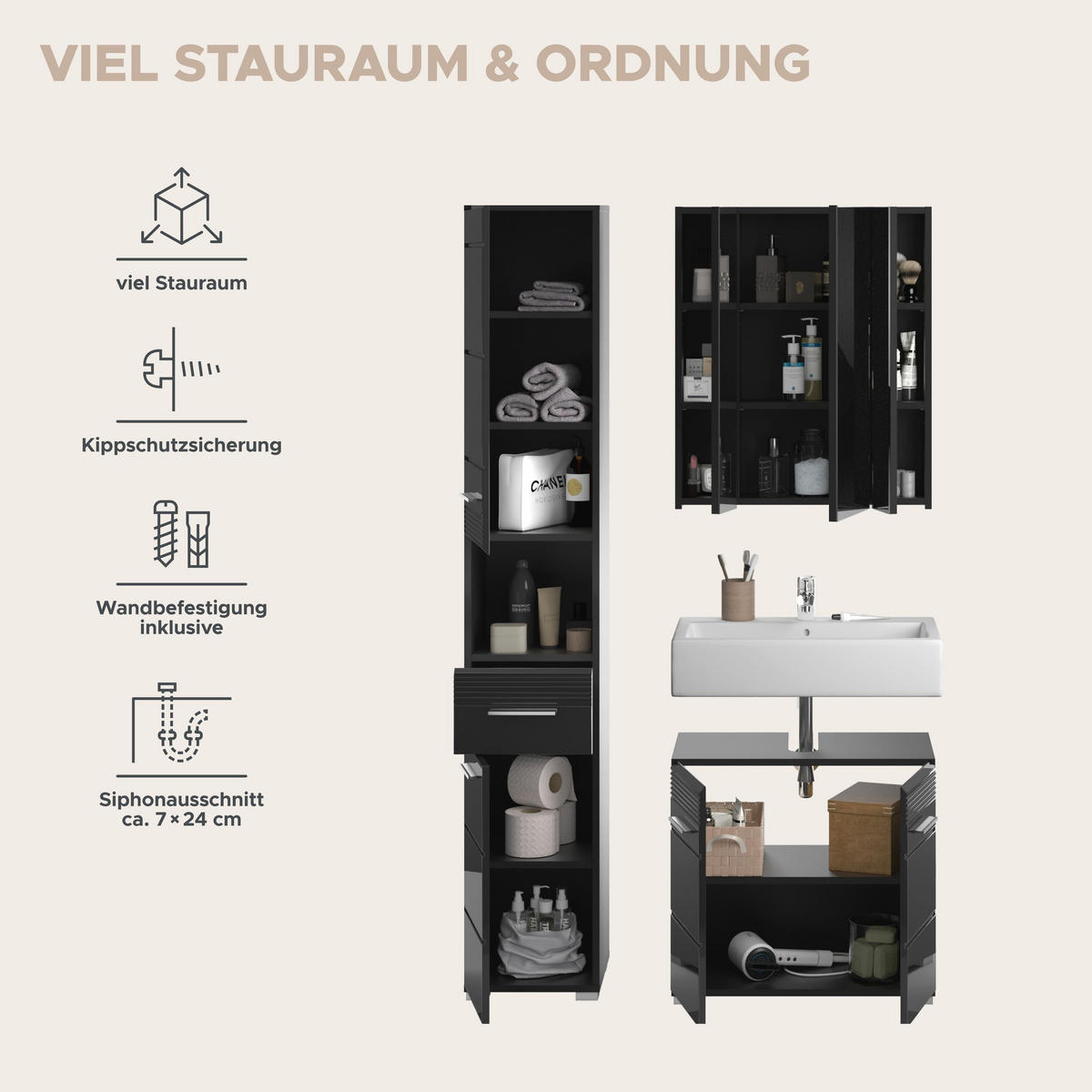 BADKOMBINATION 3tlg. Linus Bad in schwarz Nachbildung und schwarz hochglanz B/H/T: 105x182x34 cm - Schwarz, Holz (105/182/34cm)