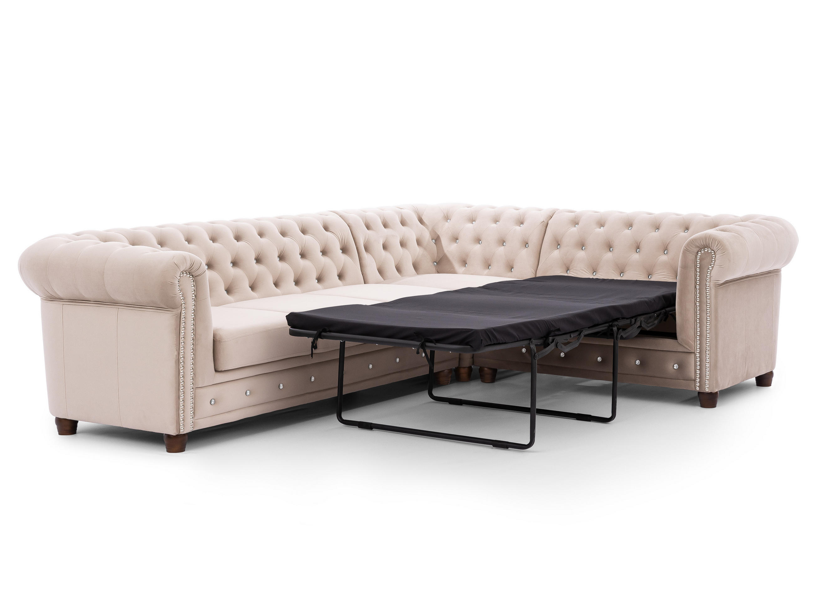 ECKSOFA mit Schlaffunktion Chesterfield Cleo Blink Beige Samt mit Kristallsteppung und braunen Massivholzfüßen - Ottomane Rechts - Beige/Braun, Holz/Textil (264/210cm) - S-Style Möbel