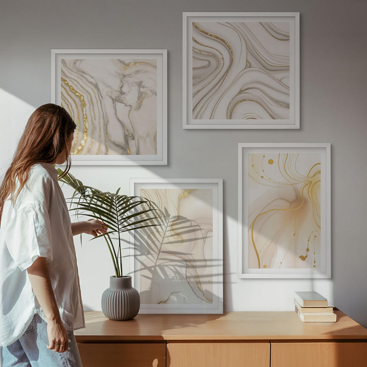 BILDER SET 4er Set - 50x50 cm & 40x60 cm Weißer Rahmen - Subtile abstrakte Muster - Weiß, Kunststoff (50/50cm) - TULUP