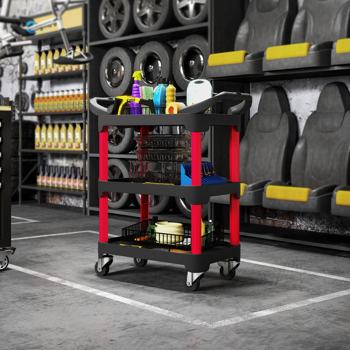 WERKSTATT-ROLLWAGEN mit 3 Ebenen Werkstattwagen mit Griff für Garage Schwarz - Schwarz, Kunststoff (43/96/81cm) - HOMCOM