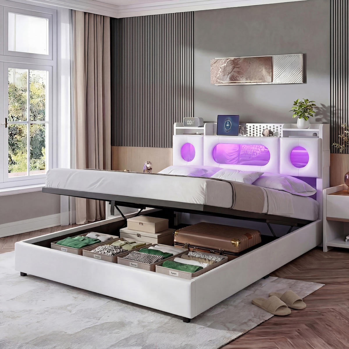 POLSTERBETT 140x200 cm Weiß mit Kopfteil Stauraum und Ladefunktion Kunstleder - Weiß, Holz/Metall (140/200cm) - PARAFTA HOME