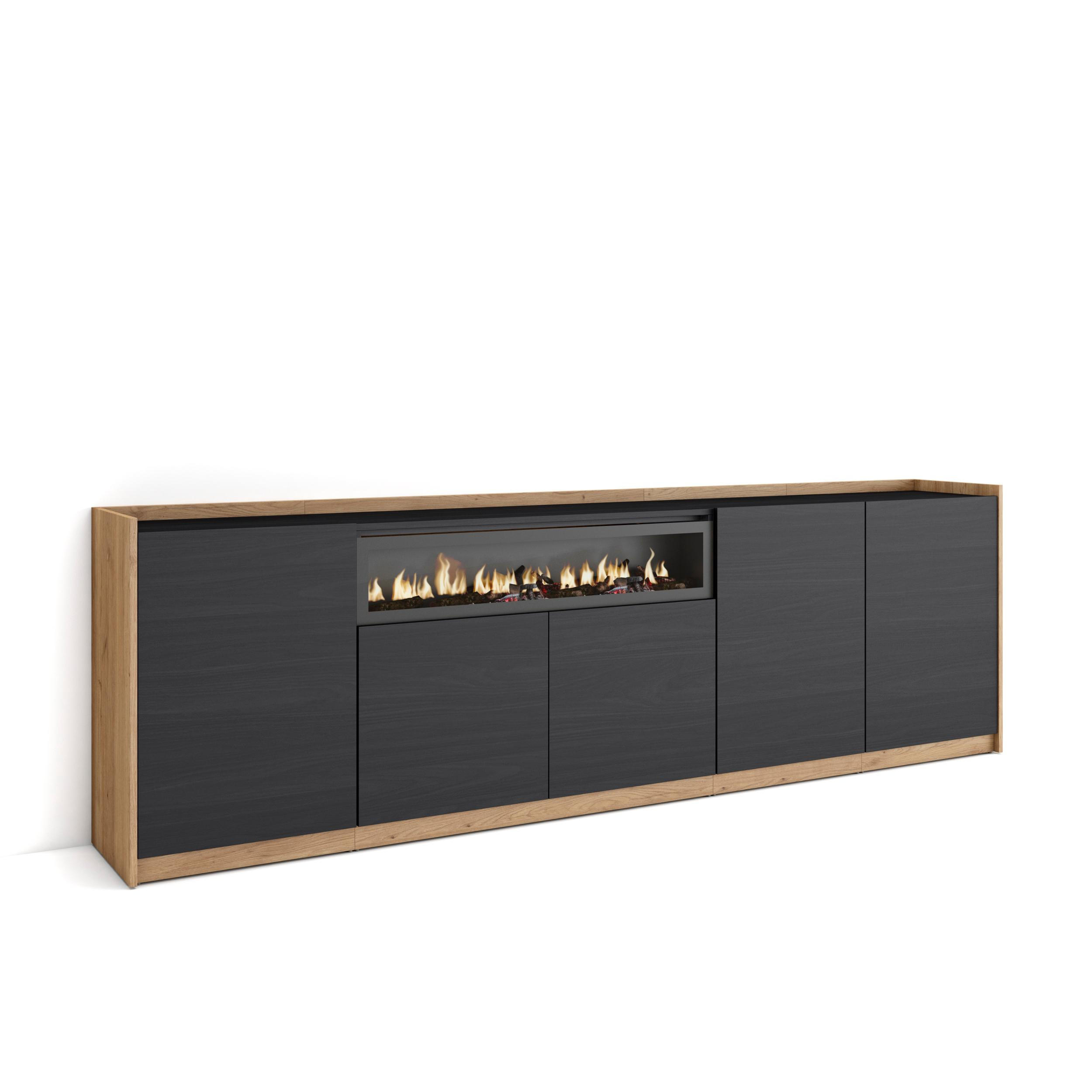 SIDEBOARD, Highboard, Schwarz Eiche, Elektrokamin, 260/37/80cm - Schwarz, Holzwerkstoff (260/80/37cm) - Skraut Home