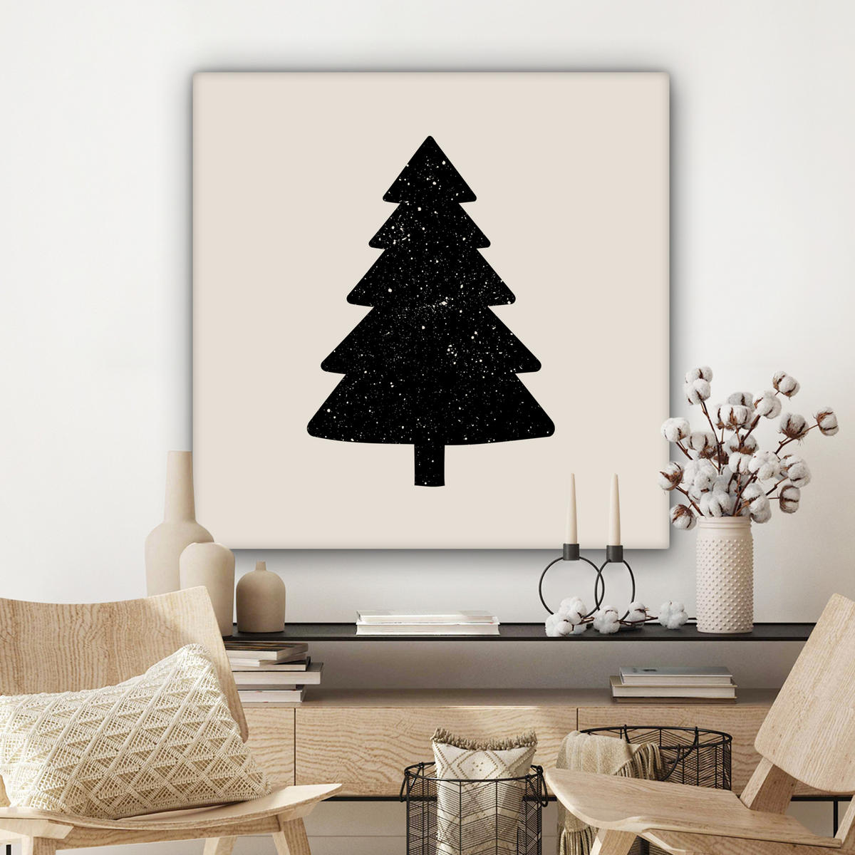 LEINWANDBILD Weihnachtsbaum - Schwarz - Urlaub - Beige Deko Groß 90x90 cm - Schwarz, Textil (90/90cm) - MuchoWow