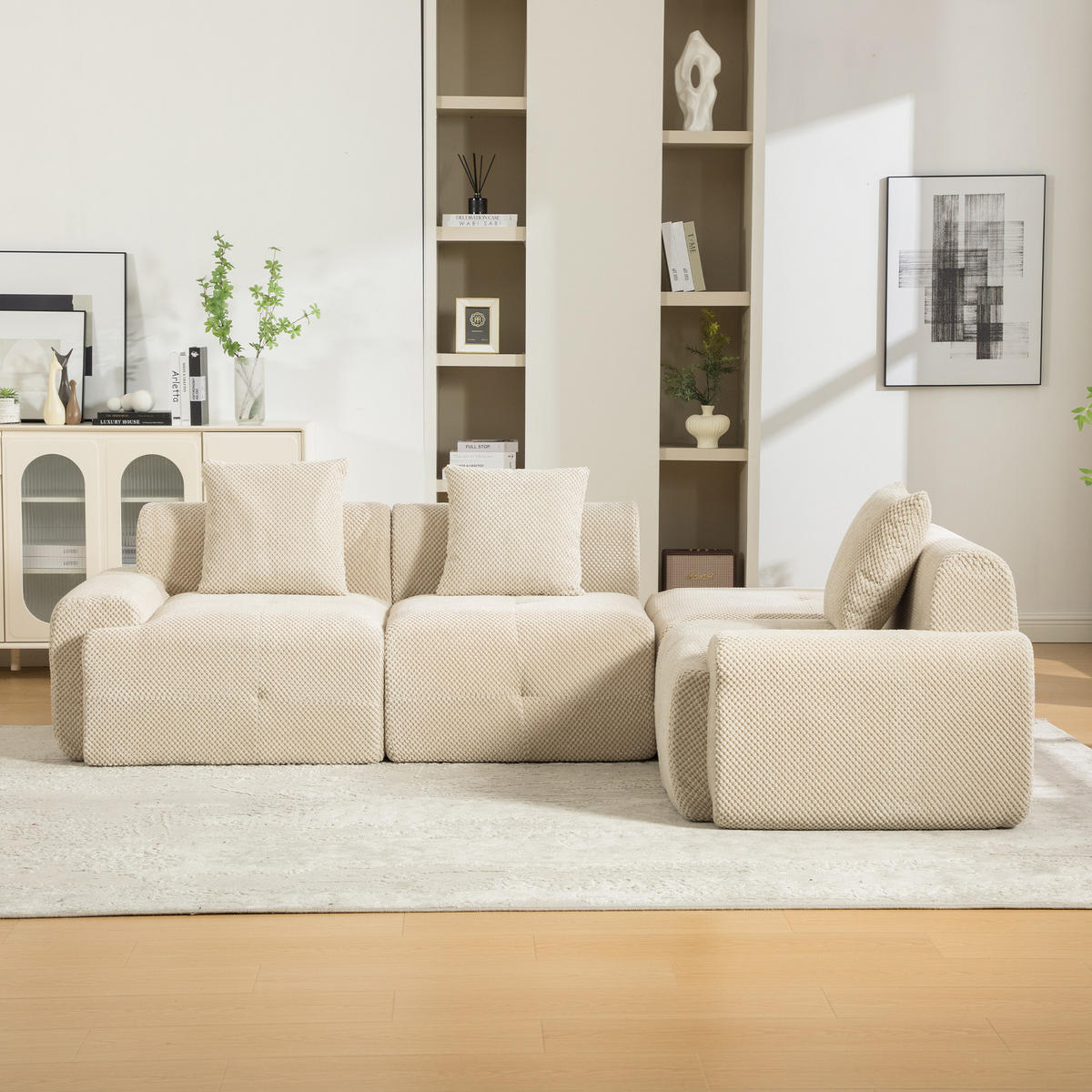 ECKSOFA Chenille Hellkhaki mit Kissen - Hellbraun, Textil (266/176cm) - WISHDOR